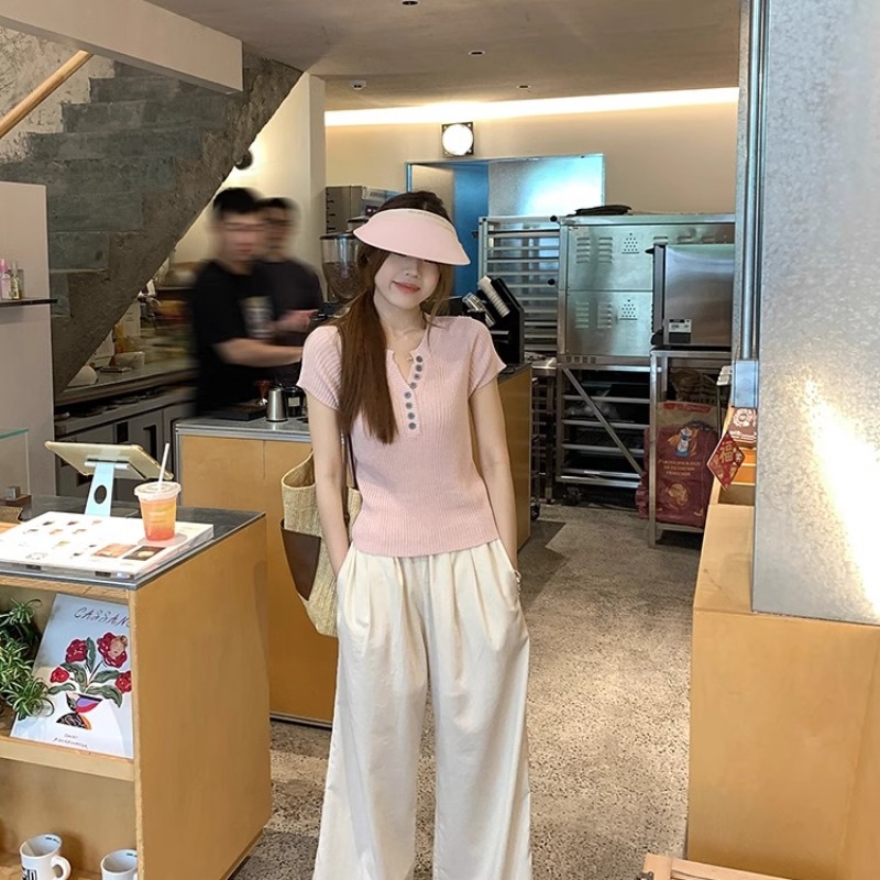 韓系休閑半開領短袖T恤女2026春季修身百搭坑條針織短款上衣