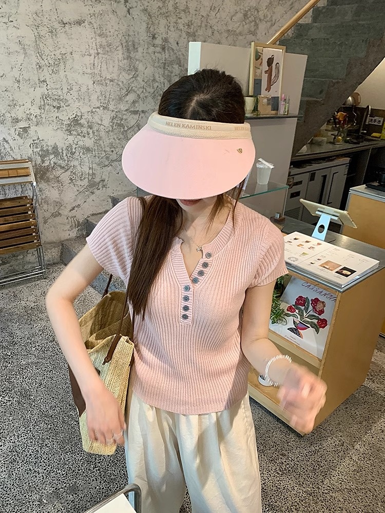 韓系休閑半開領短袖T恤女2026春季修身百搭坑條針織短款上衣