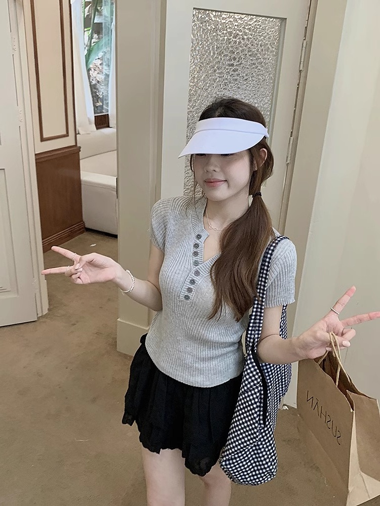 韓系休閑半開領短袖T恤女2026春季修身百搭坑條針織短款上衣
