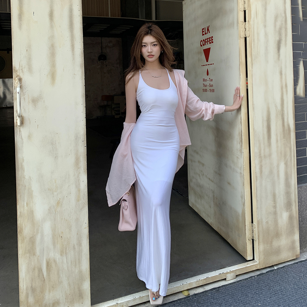 實拍2025春夏新款設計鏤空露背吊帶裙白色連衣裙a字長裙女帶胸墊