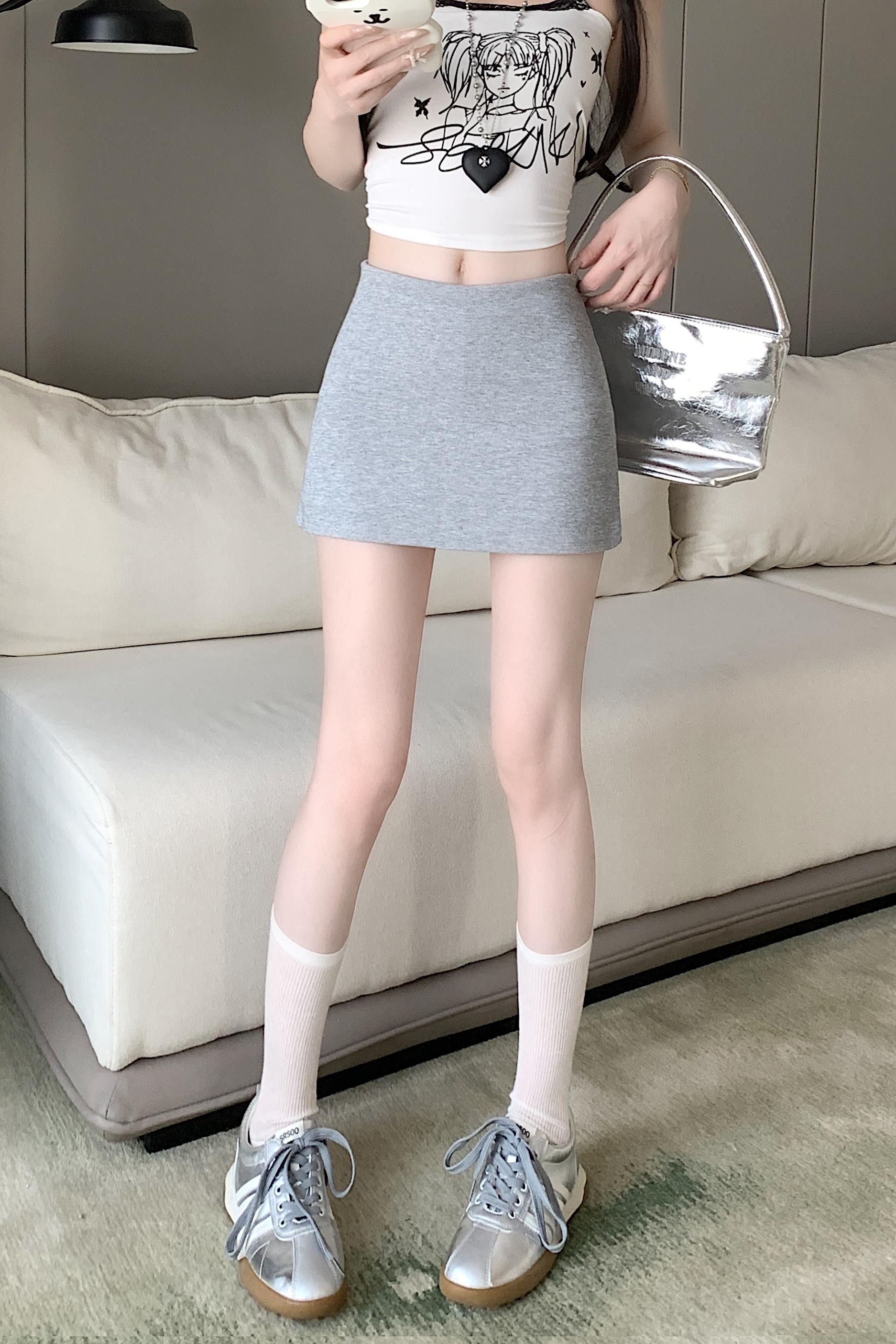 實拍灰色辣妹風半身裙女高腰a字超短裙小個子防走光包臀衛裙