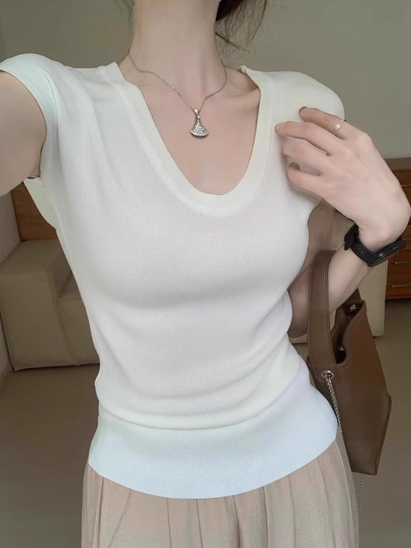 冰絲薄款U領短袖針織衫女夏季修身顯瘦氣質韓版別致正肩低領上衣