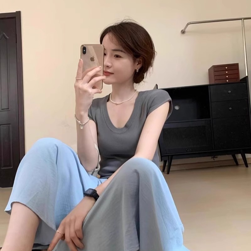 冰絲薄款U領短袖針織衫女夏季修身顯瘦氣質韓版別致正肩低領上衣