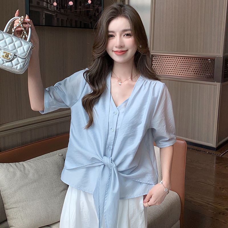 實拍2026夏季新款韓版百搭系帶V領短袖襯衫女上衣夏