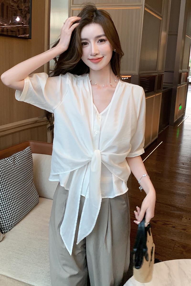 實拍2026夏季新款韓版百搭系帶V領短袖襯衫女上衣夏