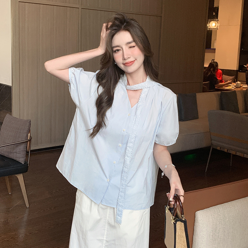 實拍2026夏季新款韓版百搭拼接短袖V領襯衫女上衣夏