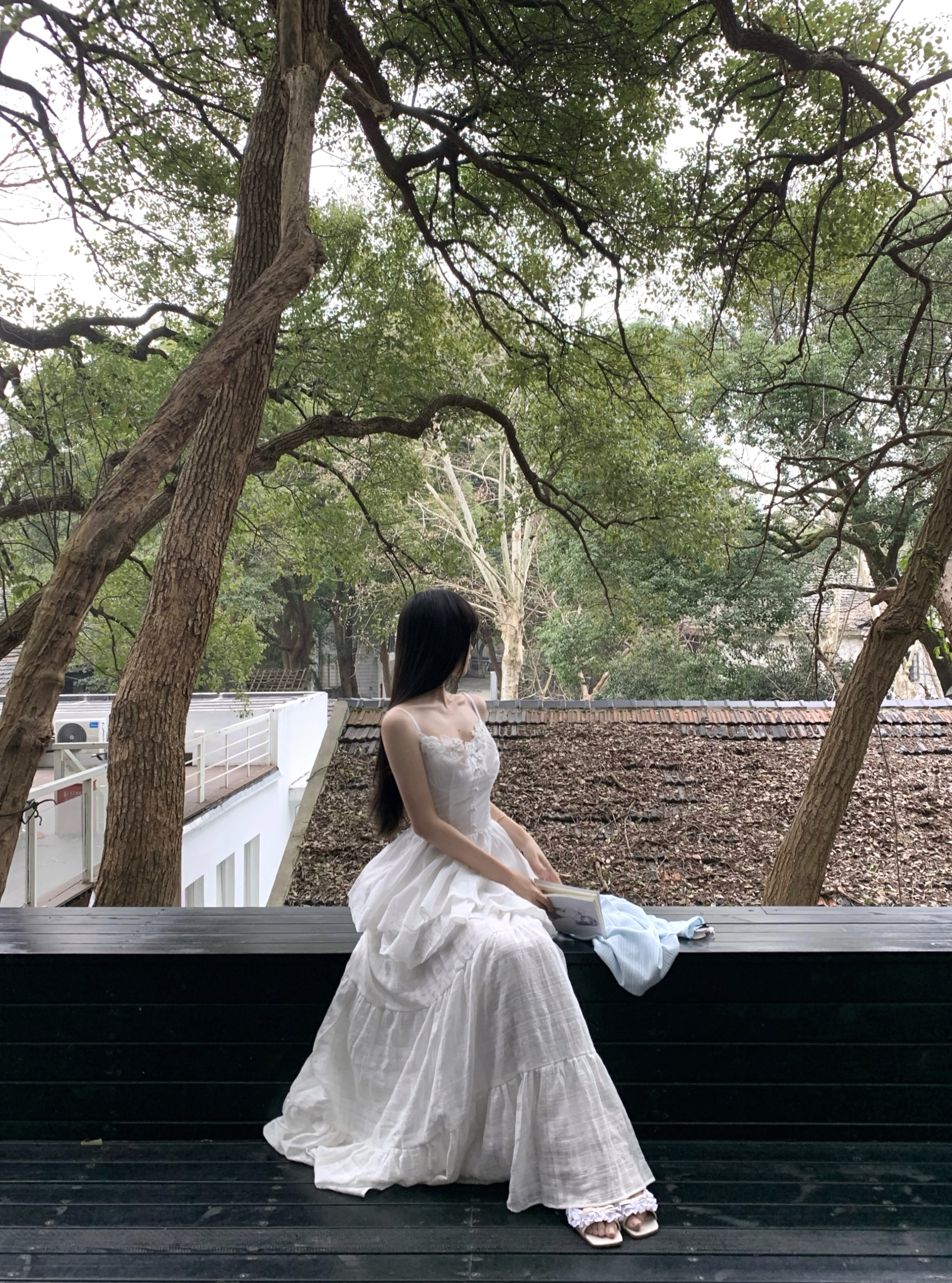西西里漫花設計感白色吊帶連衣裙/半身裙