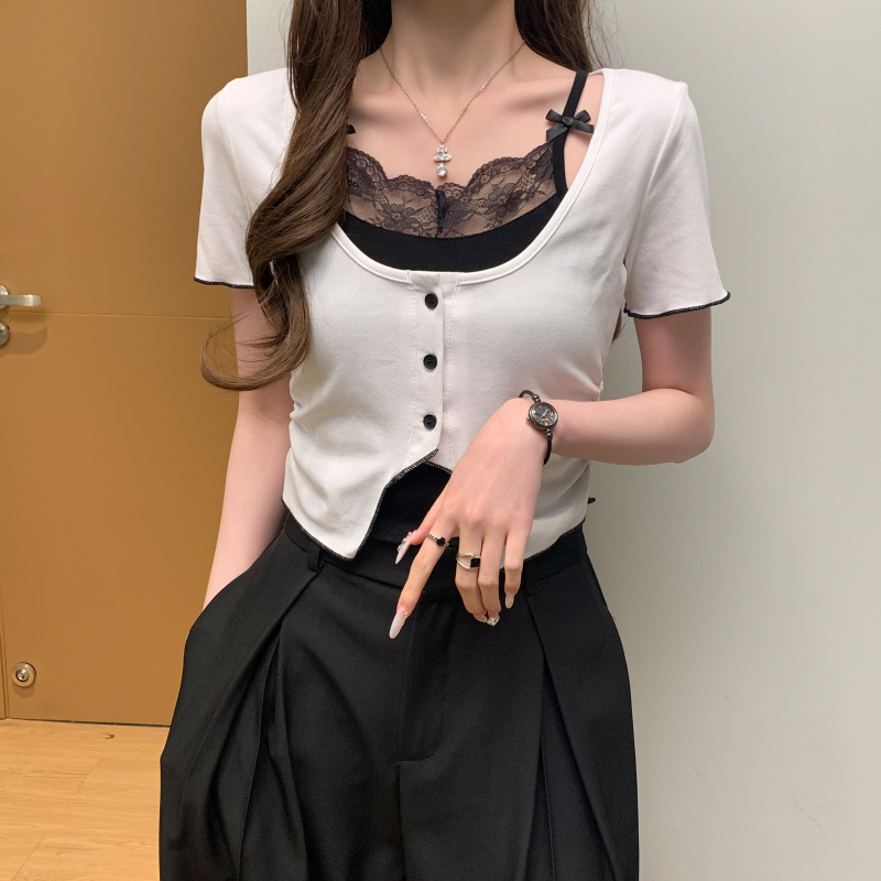 實拍 韓版假兩件吊帶蕾絲背心拼接短袖T恤修身彈力針織上衣女