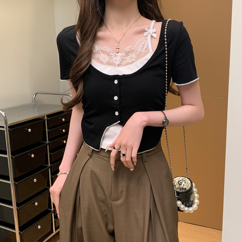 實拍 韓版假兩件吊帶蕾絲背心拼接短袖T恤修身彈力針織上衣女