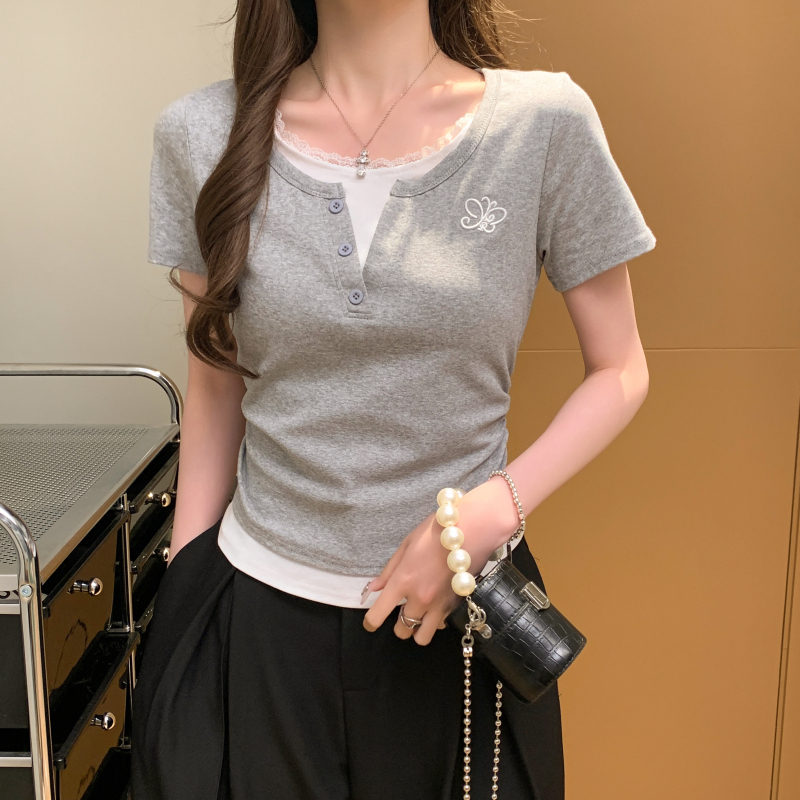 實拍 夏甜美蕾絲花邊拼接假兩件新款小清新時尚修身短袖T恤女