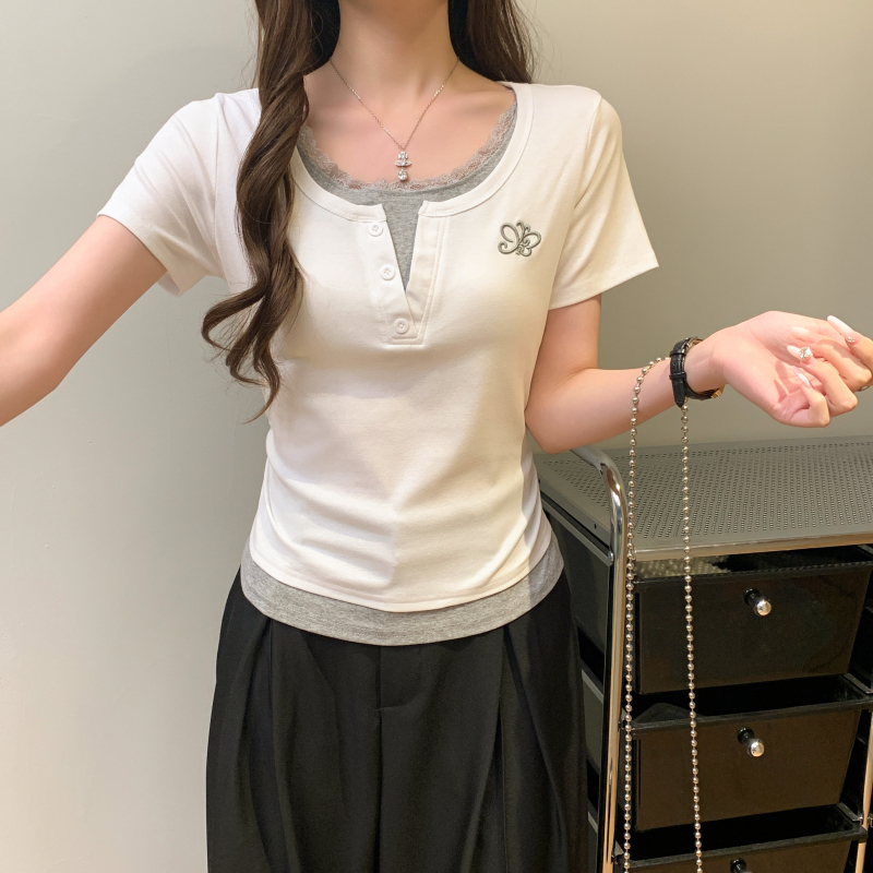 實拍 夏甜美蕾絲花邊拼接假兩件新款小清新時尚修身短袖T恤女