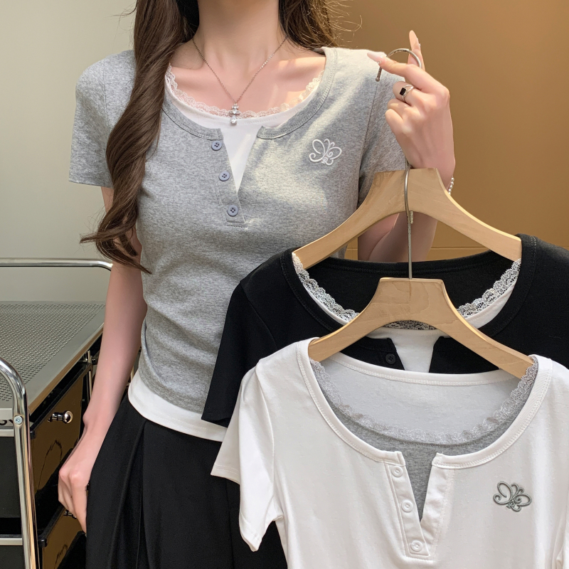 實拍 夏甜美蕾絲花邊拼接假兩件新款小清新時尚修身短袖T恤女