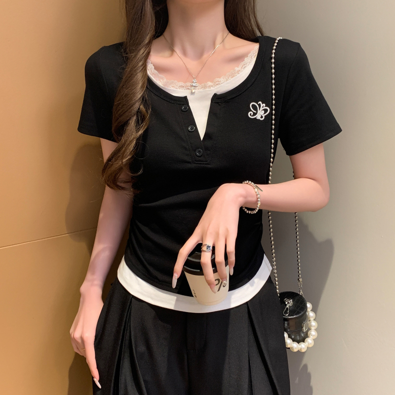 實拍 夏甜美蕾絲花邊拼接假兩件新款小清新時尚修身短袖T恤女