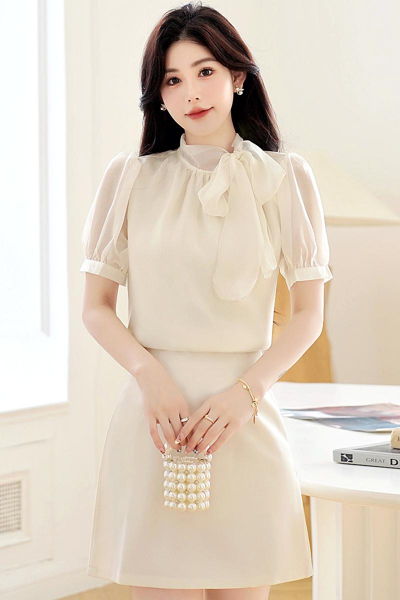 蝴蝶結飄帶短袖襯衫女夏季2026新款法式高級感時尚氣質上衣