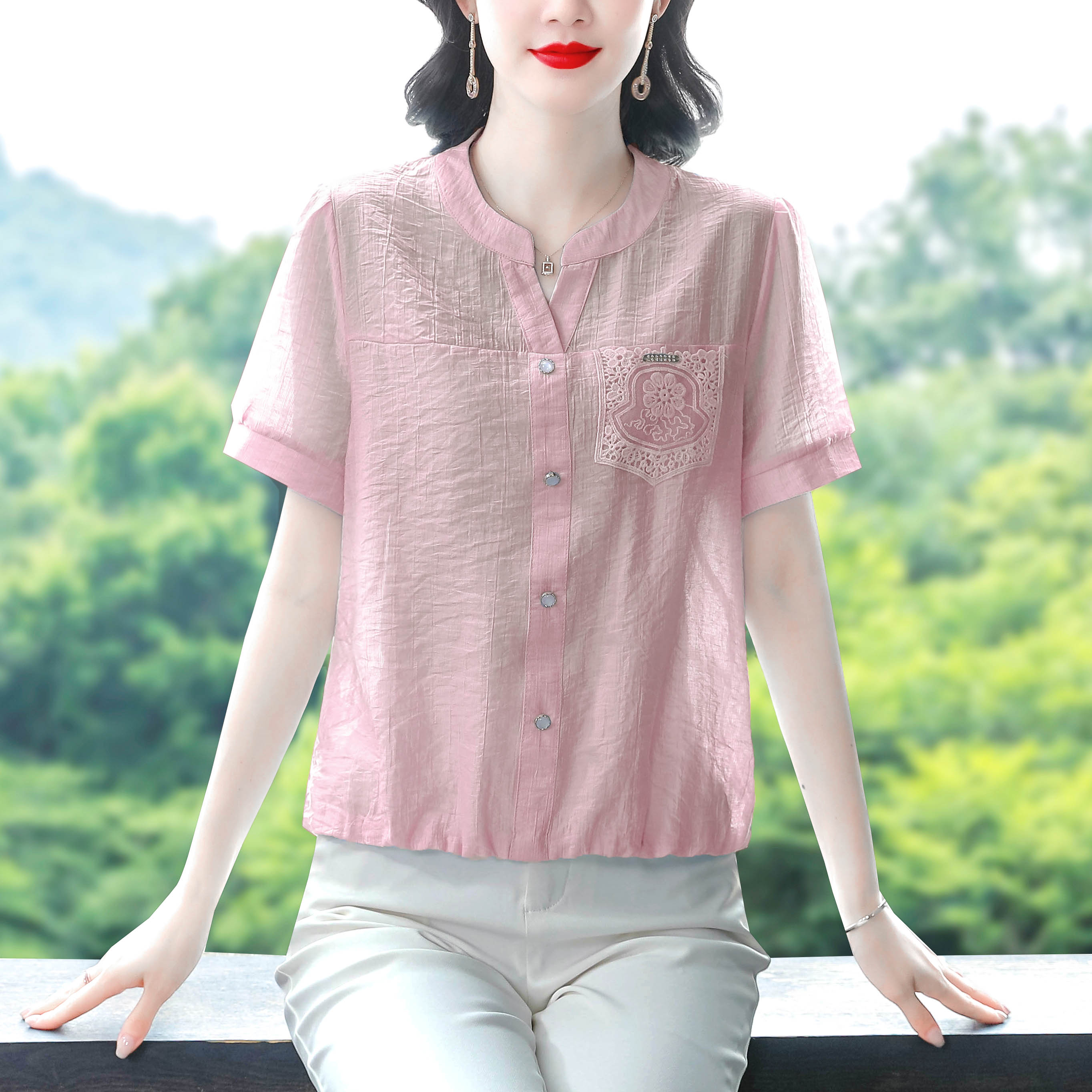 實拍夏季新款短袖圓領套頭天絲棉麻寬松舒適時尚透氣大碼上衣