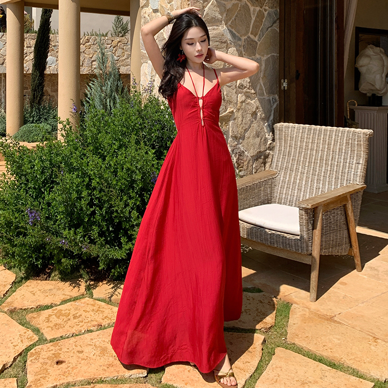 高級感紅色露背度假吊帶連衣裙夏季辣妹性感顯瘦大擺長裙