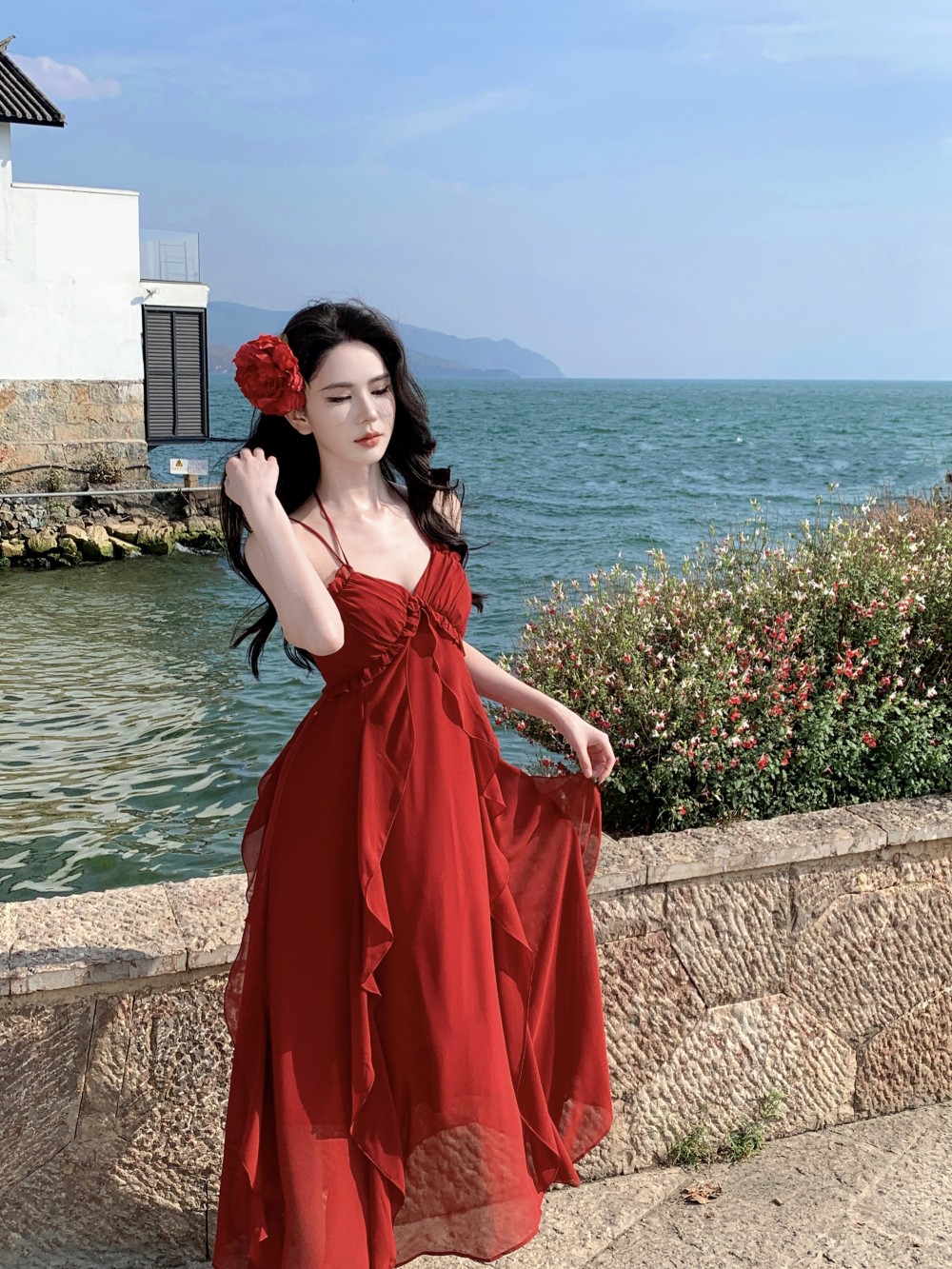 實拍2025年夏季新款紅色女氣質長裙度假吊帶連衣裙