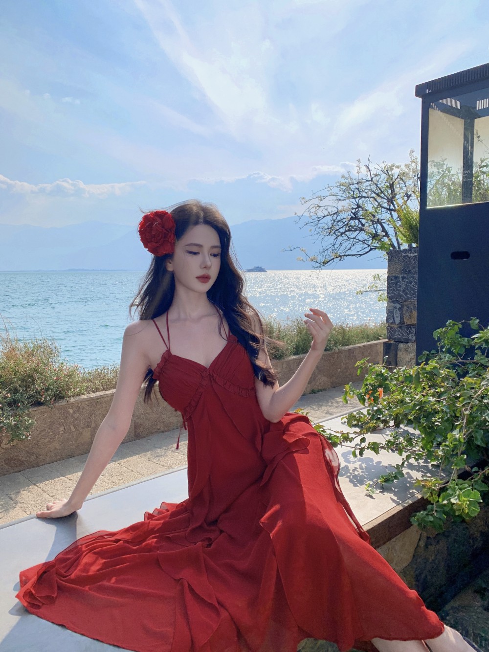 實拍2025年夏季新款紅色女氣質長裙度假吊帶連衣裙