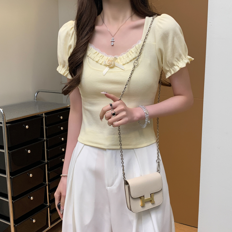 實拍 2025夏季新款韓版小清新甜美方領花朵短袖短款T恤上衣女