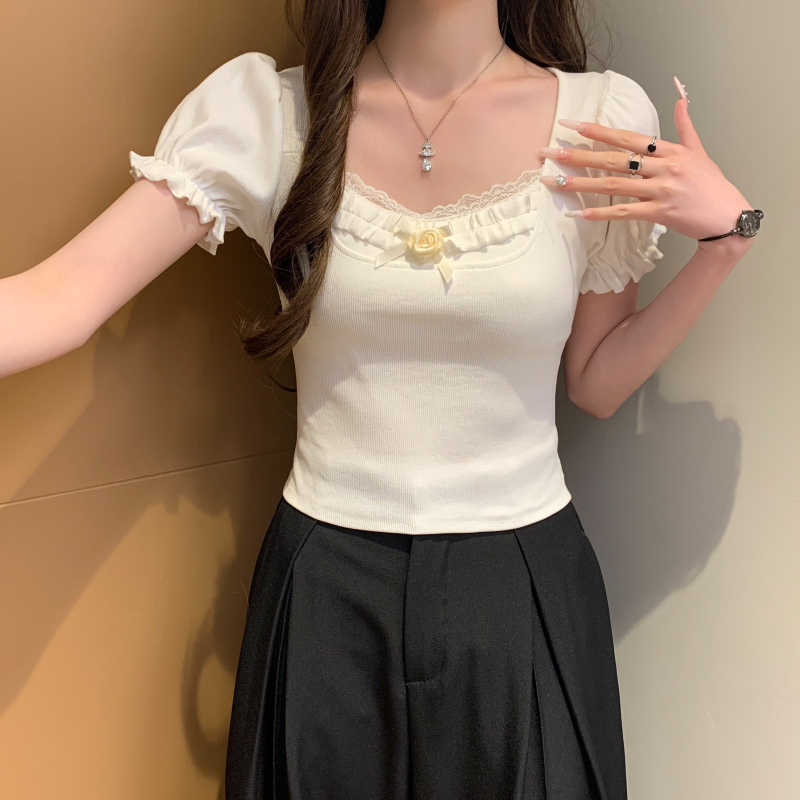 實拍 2025夏季新款韓版小清新甜美方領花朵短袖短款T恤上衣女
