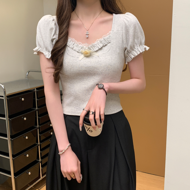 實拍 2025夏季新款韓版小清新甜美方領花朵短袖短款T恤上衣女