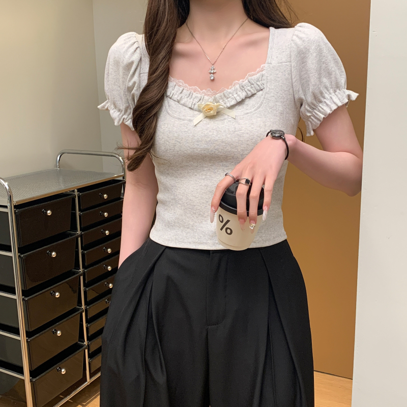實拍 2025夏季新款韓版小清新甜美方領花朵短袖短款T恤上衣女