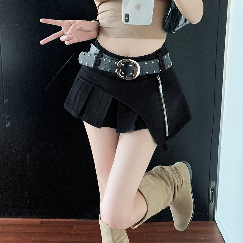 實拍2025美式純欲風辣妹設計感彈力牛仔百褶半身裙 褲裙