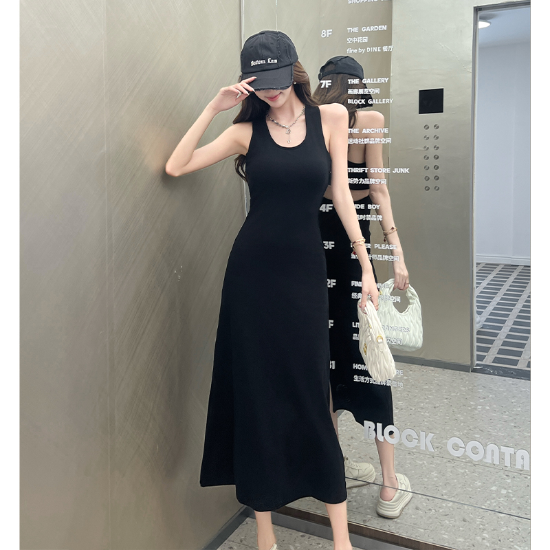 2026夏季新款純欲風露背縷空條紋背心連衣裙女修身顯瘦包臀長裙潮