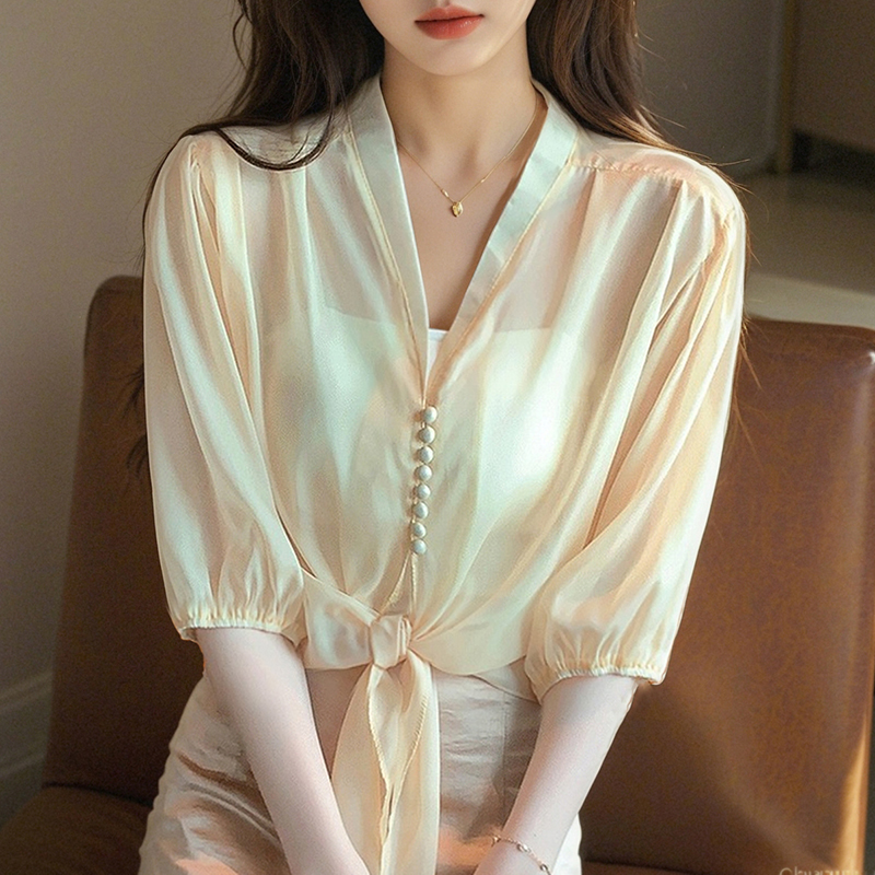 已出貨 2025春夏實拍大碼 新款V領寬松綁帶雪紡開衫女
