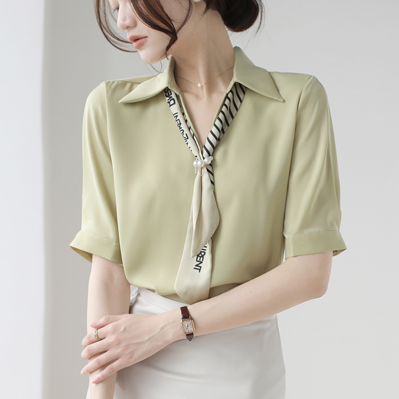 法式飄帶短袖襯衫廳里廳氣衣服女2025夏季新款緞面職業通勤上衣