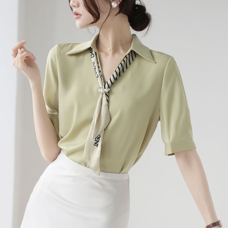 法式飄帶短袖襯衫廳里廳氣衣服女2025夏季新款緞面職業通勤上衣