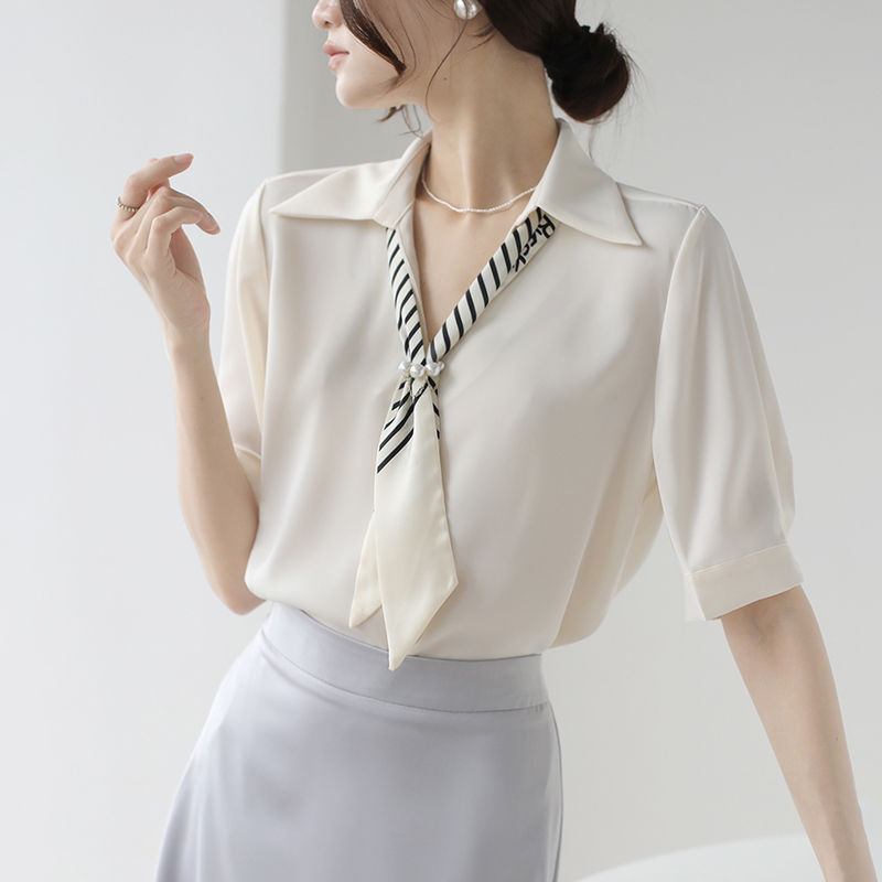 法式飄帶短袖襯衫廳里廳氣衣服女2025夏季新款緞面職業通勤上衣