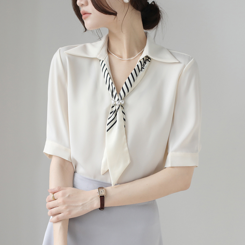 法式飄帶短袖襯衫廳里廳氣衣服女2025夏季新款緞面職業通勤上衣