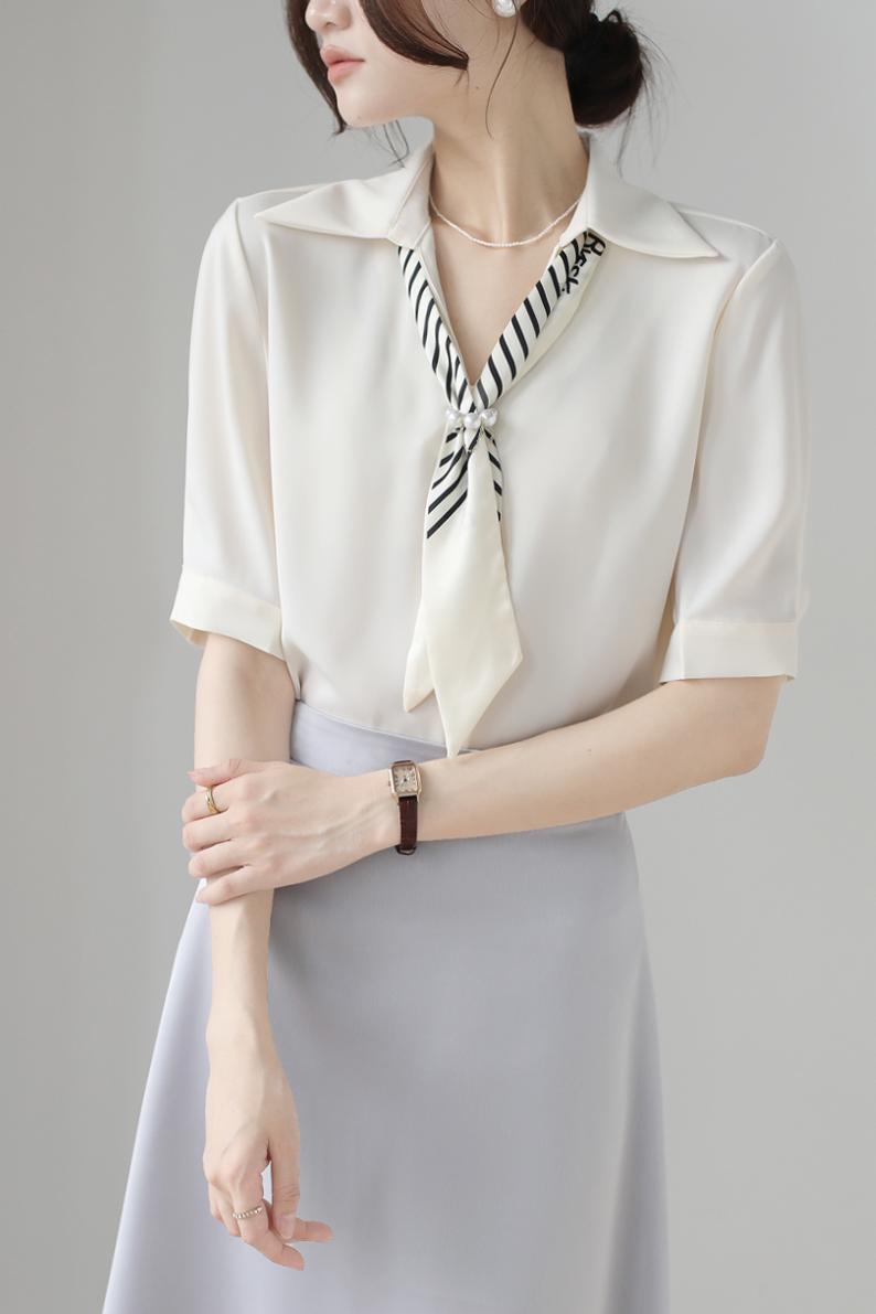 法式飄帶短袖襯衫廳里廳氣衣服女2025夏季新款緞面職業通勤上衣