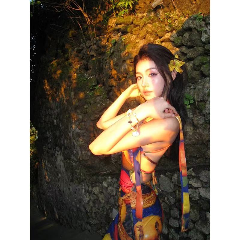泰國海邊度假連衣裙女夏季熱帶風情水果印花性感辣妹吊帶沙灘長裙