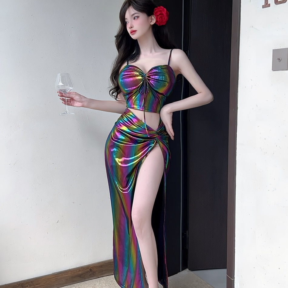 實拍控2性感炫彩面料閃光吊帶長款連衣裙