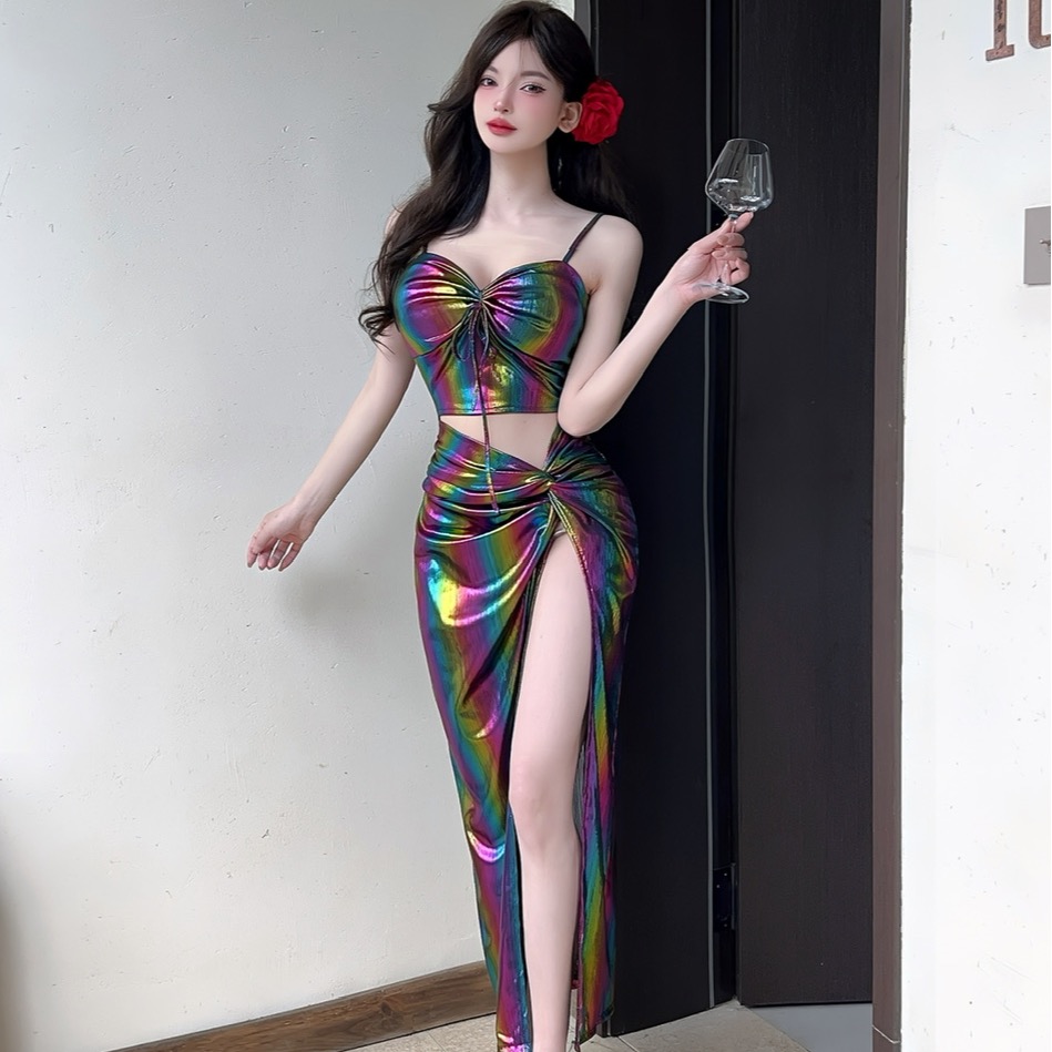 實拍控2性感炫彩面料閃光吊帶長款連衣裙