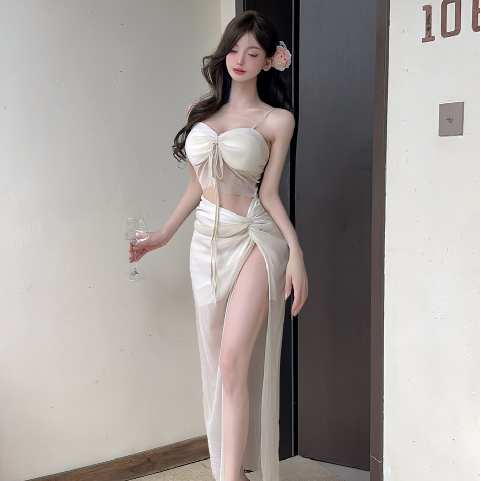 實拍控2性感露腰長款打底開衩吊帶連衣裙