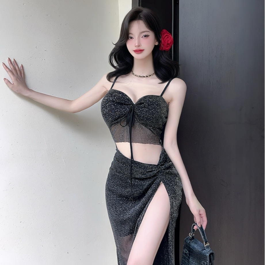 實拍控2性感露腰長款打底開衩吊帶連衣裙