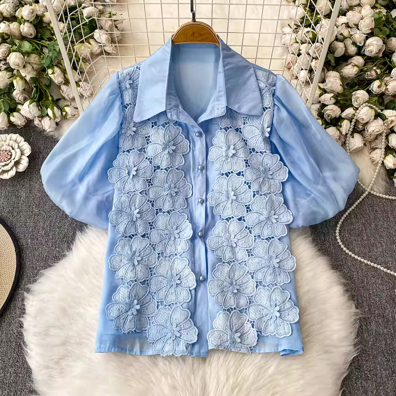 法式蕾絲花朵刺繡翻領泡泡袖襯衫女2025夏季新款甜美寬松顯瘦上衣