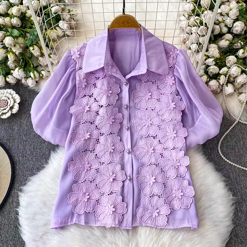 法式蕾絲花朵刺繡翻領泡泡袖襯衫女2025夏季新款甜美寬松顯瘦上衣