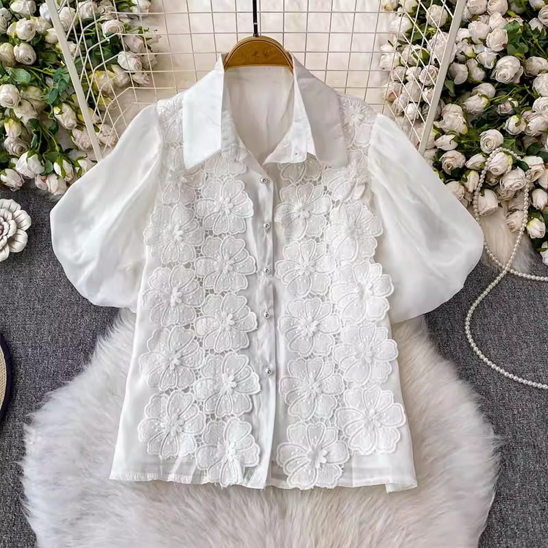 法式蕾絲花朵刺繡翻領泡泡袖襯衫女2025夏季新款甜美寬松顯瘦上衣