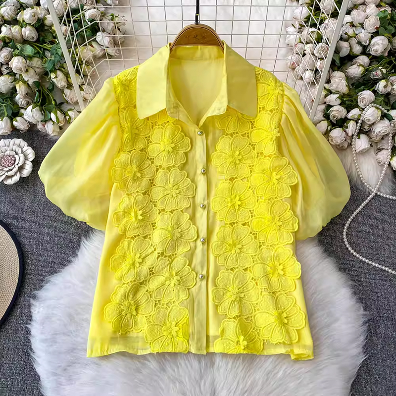 法式蕾絲花朵刺繡翻領泡泡袖襯衫女2025夏季新款甜美寬松顯瘦上衣