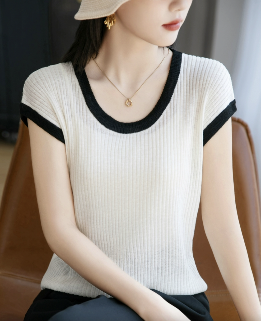 夏季圓領竹節麻撞色無袖背心女休閑抽條顯瘦套頭針織飛袖打底上衣