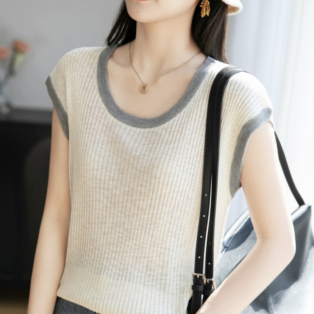 夏季圓領竹節麻撞色無袖背心女休閑抽條顯瘦套頭針織飛袖打底上衣