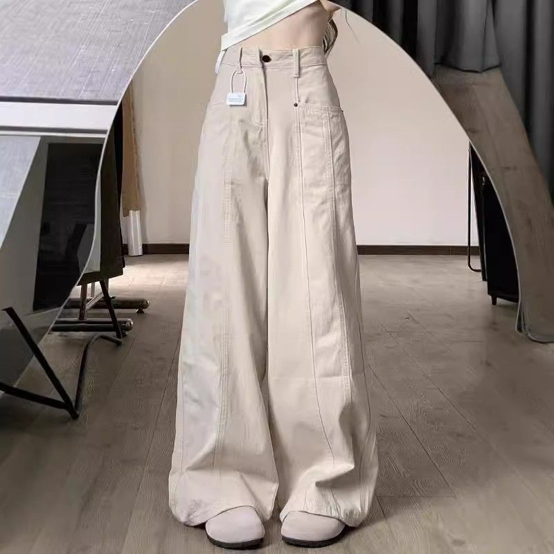 小個子韓式復古杏色闊腿牛仔褲女百搭高腰寬松顯瘦直筒褲休閑長褲