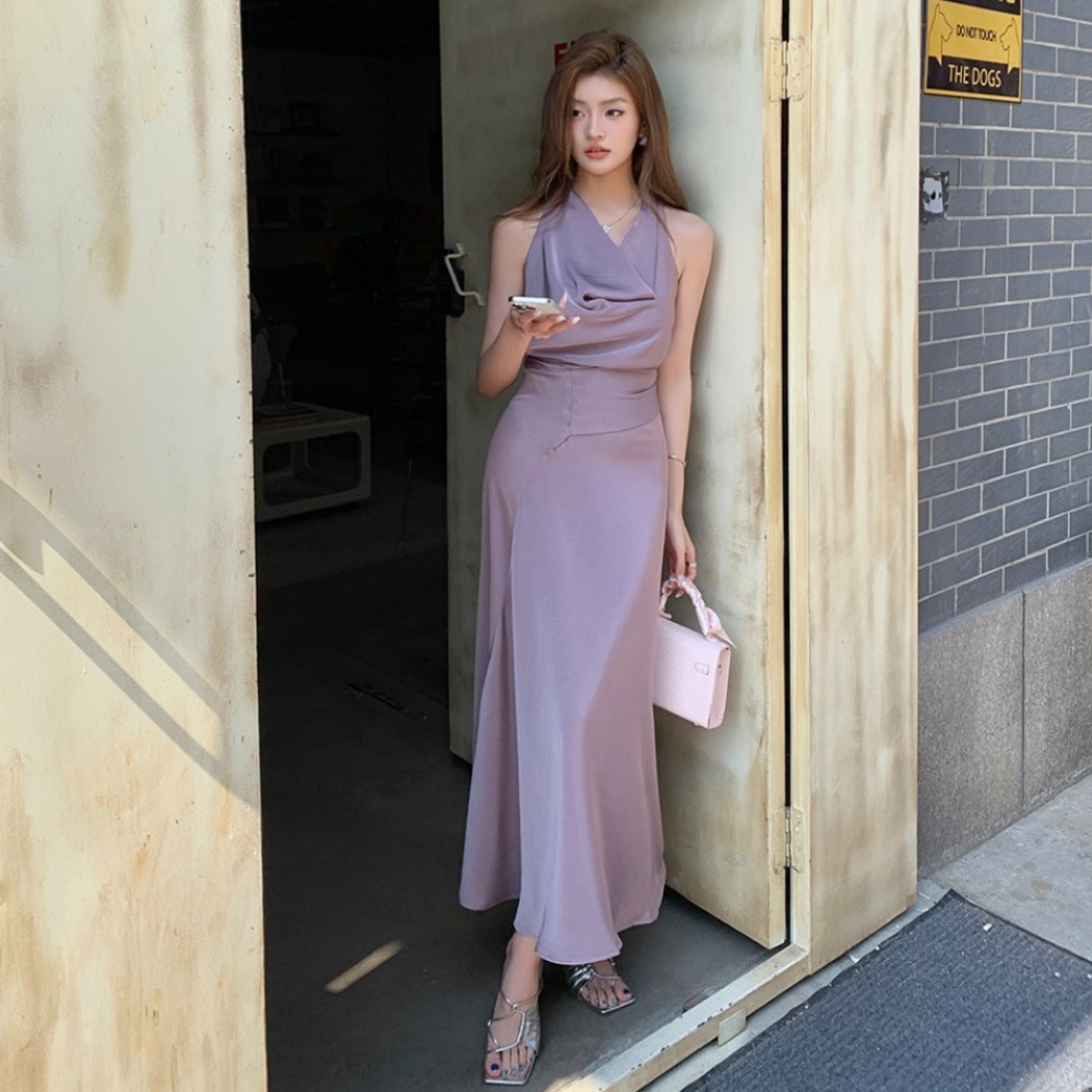 實拍2026春夏新款紫色蕩領設計收腰綁帶顯瘦氣質連衣裙女中長裙子