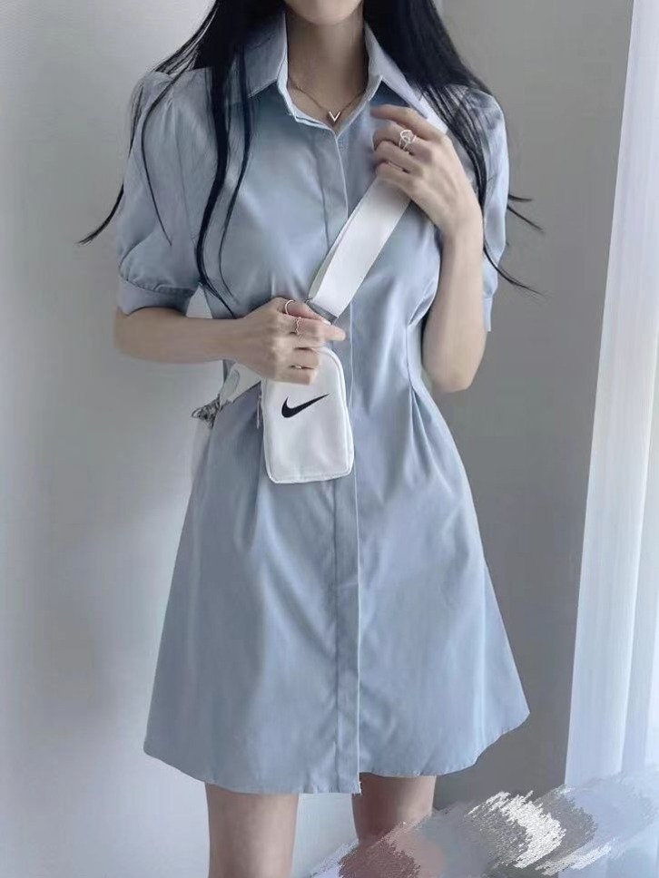 藍色polo領襯衫連衣裙女2025夏季法式短裙收腰顯瘦a字短袖裙