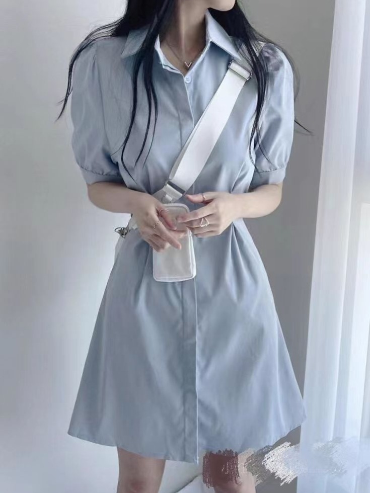 藍色polo領襯衫連衣裙女2025夏季法式短裙收腰顯瘦a字短袖裙
