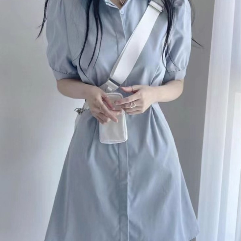 藍色polo領襯衫連衣裙女2025夏季法式短裙收腰顯瘦a字短袖裙